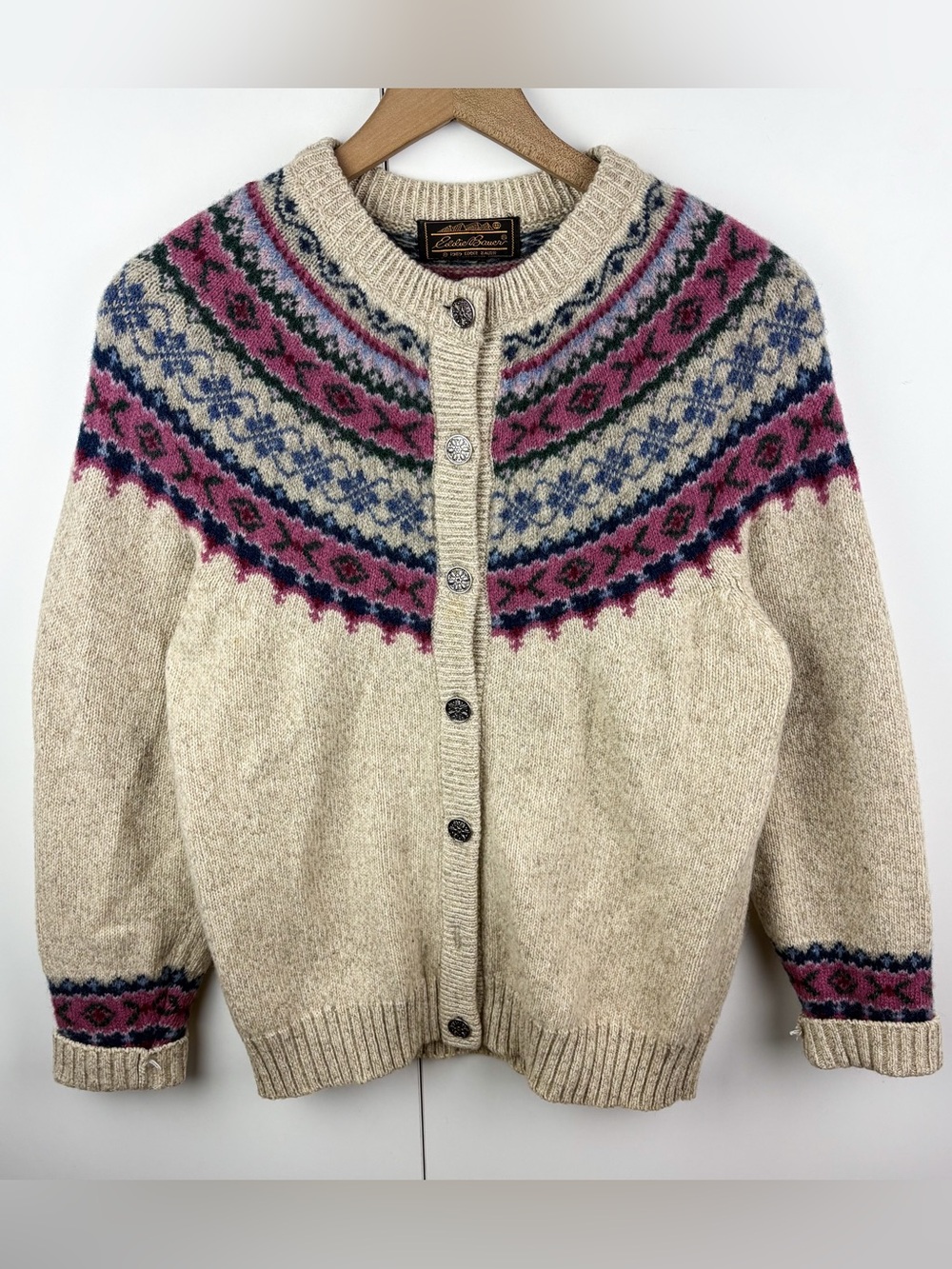 Vintage Fair Isle Wool Nordic Button Down Cardigan Sweater Pink Eddie Bauer
